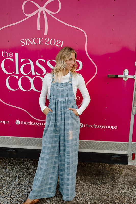 BiBi Washed Wide Leg Plaid Denim Overall