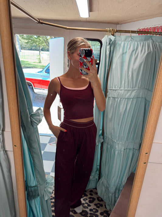 Burgundy Nylon Sporty Pants