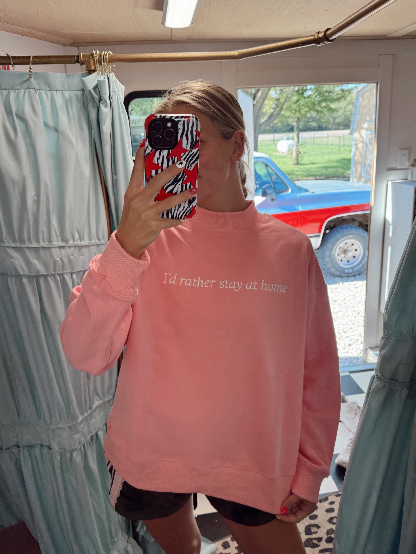 I’d Rather Stay at Home Mockneck-Pink